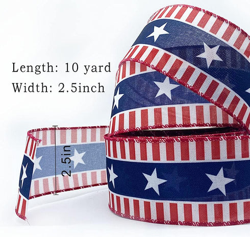 Hying 4th of July Ribbons for Crafting, 2.5" X 10 Yards Patriotic Wired Edge Ribbons American Stripes Stars Ribbons Blue Burlap Craft Ribbon Bows ...