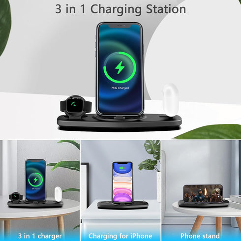 Charger Station for iPhone Multiple Devices, Foldable 3 in 1 Fast Charging Dock Stand for iPhone 14 13 12 11 Pro X Max XS 8 7,Compatible with Appl...