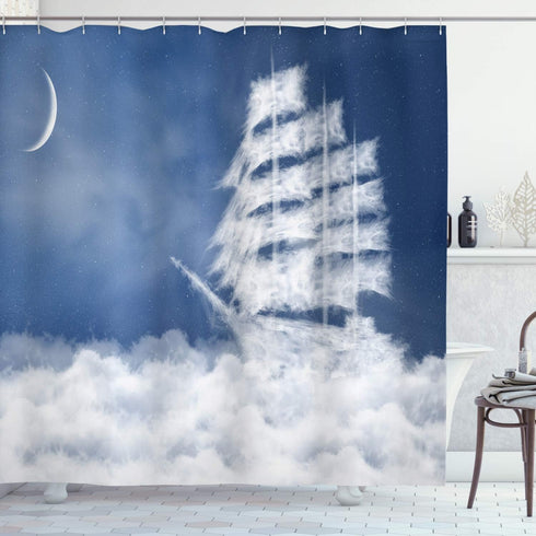 Ambesonne Nautical Shower Curtain, Yacht in The Ocean Madend Shaped with Fluffy Cloudstmospheric Imaginary Sky, Cloth Fabric Bathroom Decor Set wi...