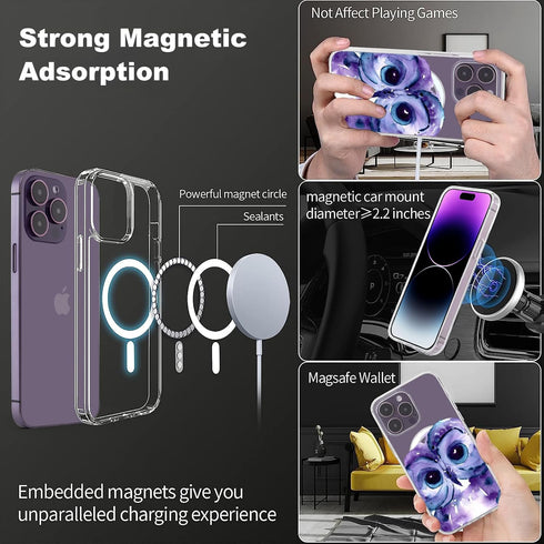 Compatible with MagSafe Designed for iPhone 13 with Purple Owl Pattern,Magnetic Wireless Charging Clear Transparent TPU Phone Case Cover for iPhon...