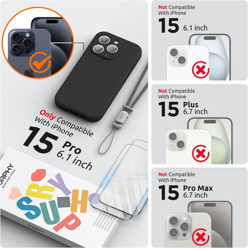 SURPHY Designed for iPhone 15 Pro Case with Screen Protector and Lanyard, Phone Strap and Liquid Silicone Phone Case (Camera Protective + Soft Mic...