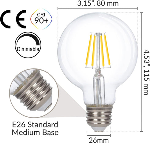 Simba Lighting LED Edison Vintage Vanity Globe Filament G25 (G80) 6W Dimmable 60W Equivalent (3 Pack) 120V Light Bulb for Bathroom Makeup Mirror, ...