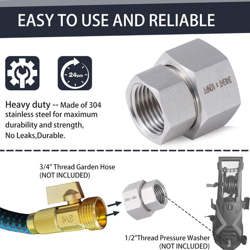 2 Pcs Stainless Steel Garden Hose Fittings Connectors Adapter,3/4" GHT Female to 1/2" NPT Female Heavy Duty Stainless Steel Repair Female to Femal...