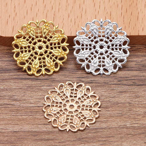 Teensery 35 Pcs Filigree Connectors Charms Pendants Round Metal Flower Filigree Pieces Retro Hollow Filigree Wraps for DIY Hairpin Necklace Earrin...
