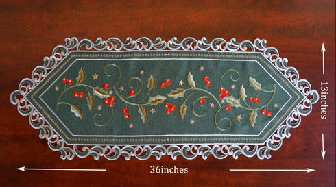 GRANDDECO Holiday Christmas Table Runner, Cutwork Embroidered Floral Holly Berry Dresser Scarf Table Topper for Home Dining Xmas Table Decorations...