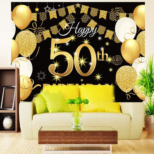 Saliyaa 7x5ft Happy 50th Birthday Backdrop,Happy Birthday Party Decoration, Black Gold Birthday Sign Poster Photo Booth Backdrop Background Banner...