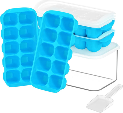 DOQAUS Ice Cube Tray with Lid and Bin, 4 Pack Ice Trays for Freezer, Easy Ice Pop Out Silicone Ice Cube Trays for Freezer with Cover, Stackable St...