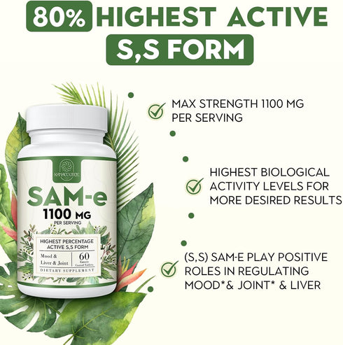 1100mg SAM-e (S-Adenosyl-L-Methionine), SAM e Supplement for Mood, Joint & Liver, Highest Concentration of Active S,S Form SAMe, Vegan, 60 Tablets...