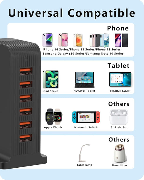VPSUN USB Charger 6 Port 50W Multi USB Tower Charging Station for Multiple Devices iPhone 15/14/14 Pro/14 Pro Max/13 Pro/13 Pro Max/Android/Samsun...