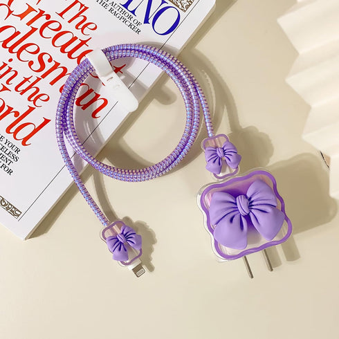 Compatible for iPhone 18W/20W USB-C Charger Cover Clear Lovely 3D Bowknot Waves Design Soft Charger Protector Cute Cable Case Saver Protector for ...