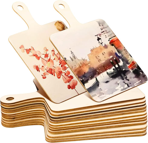 12PCS Wooden Mini Cutting Board with Handle,Rectangle Unfinished Wood Craft Paddle Serving Tray Chopping Board Cutout for DIY Thanksgiving Christm...