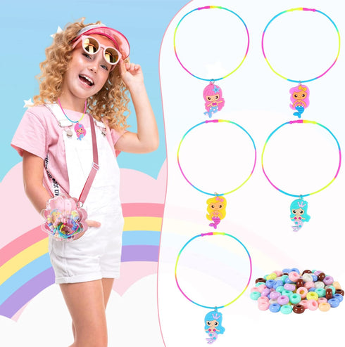FLYINGSEEDS Mermaid Necklace Making Kit for Little Girls, Beads Jewelry Toys with Shoulder Box, Beaded Arts and Crafts Best Gifts for Toddlers Kid...