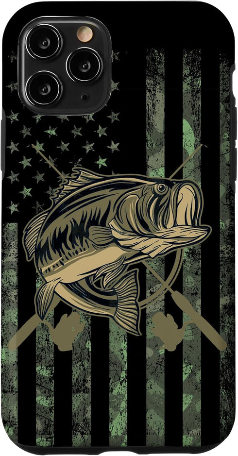 Camo American Flag Bass Fishing Gift Love Fishing Fisherman Case for iPhone 11 Pro...