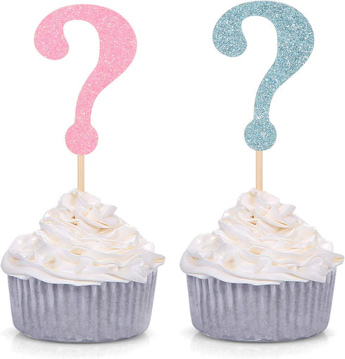 Set of 24 Glitter Question Mark Cupcake Toppers Boy or Girl Party Decoration Picks - Blue and Pink...