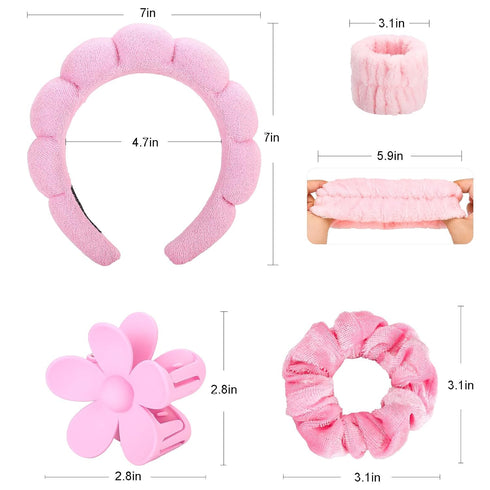 Spa Makeup Headbands for Washing Face, Set of 2 Skincare Headbands 2 Wristbands 2 Scrunchies and Cute Hair Clips, Bubble Hairband Puffy Makeup Hea...