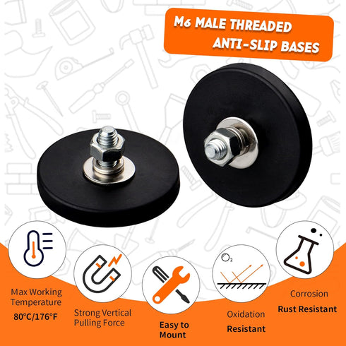 MUTUACTOR Neodymium Rubber Coated Magnet,4pack Heavy Duty Magnets M6 Male Thread Stud,Dia.1.69" Anti-Scratch Mounting Magnets for Fixing Lights, C...