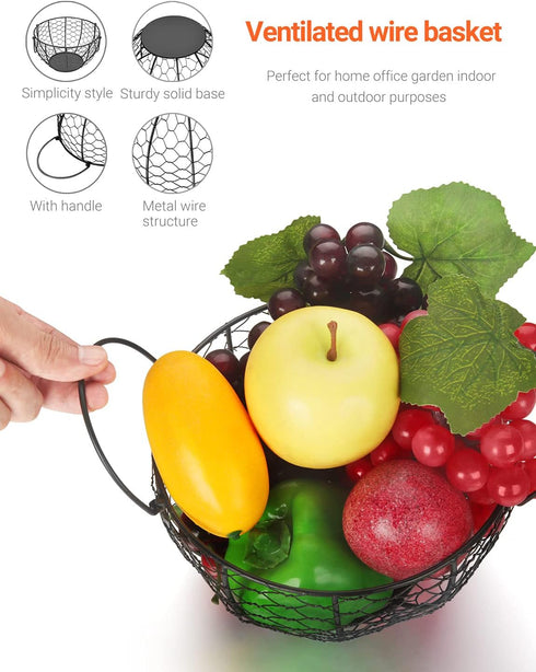Round Wire Basket Black Fruit Basket Bowl Fruit Holder for Kitchen with Handle Black Home Storage for Vegetables, Snacks, Household Items Decor...