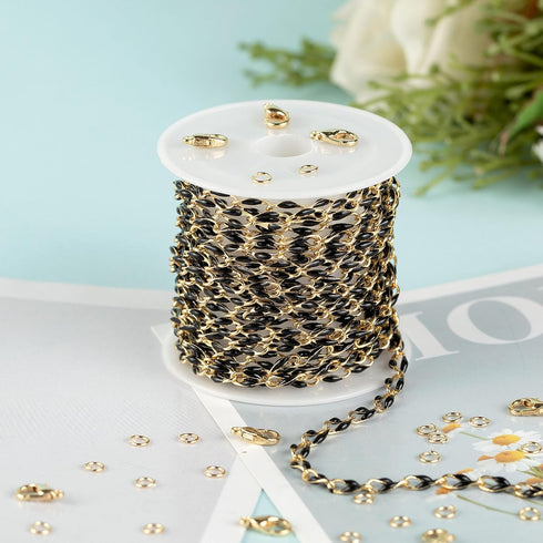 KYUNHOO 13 Feet/4M Gold Plated Brass Jewelry Making Chain Spool Black Oil Drip Enamel Chain Necklace Large Lip Chain with Lobster Clasps Jump Ring...