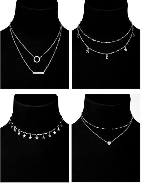 BBTO 9 Pieces Women Girls Layered Choker Necklace Sliver Layered Pendant Choker Jewelry Set (Style 1)...