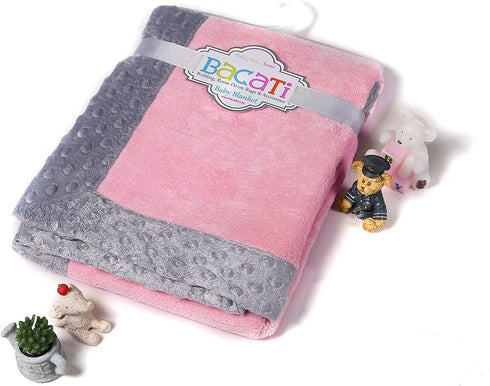 Bacati - Solid Center with Frame Style Border Plush Blanket (Solid Baby Pink/Grey Border)...