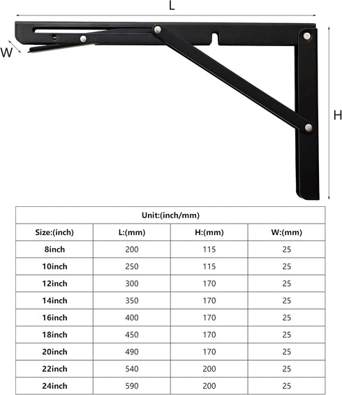 Toirxarn 8" Heavy Duty Black Folding Shelf Brackets - Steel Collapsible Bracket for Space Saving Wall Mounted Desk, DIY Workbench, Foldable Table ...