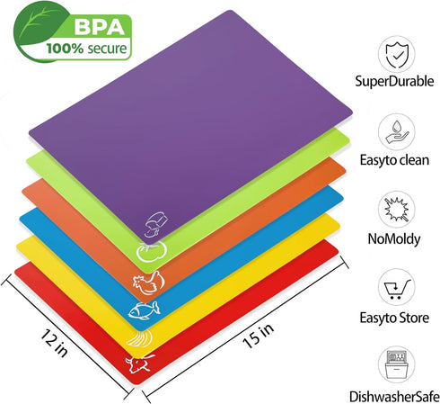 Cutting Boards for Kitchen 6 PCS Cutting Board Set BPA Free Plastic Cutting Boards Non Slip Cutting Mats for Meat and Vegetables Dishwasher Safe...