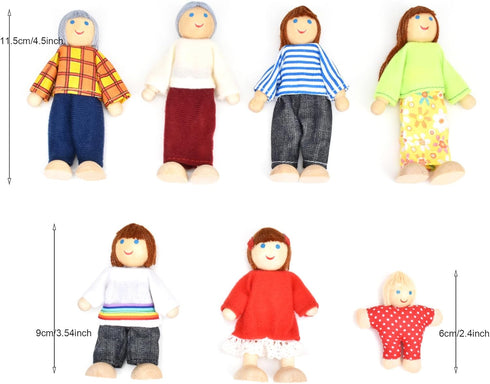 Wooden Doll House People of 7 Miniature Figures and 2 Pets, Dollhouse Dolls Family Set Accessories for Girls Toddler Kids Pretend Play and Imagina...
