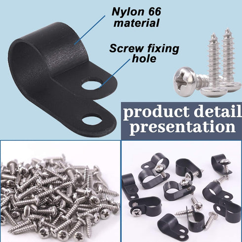 Glarks 120Pcs 1/2 Inch Black Nylon Screw Mounting R-Type Cable Clip Wire Clamp with 120Pcs Screws for Wire, Cable, Conduit and Cable Conduit Kit (...