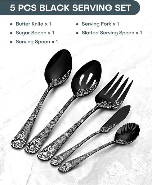 EUIRIO 5PCS Serving Utensils,Serving Set Includes Large Serving Spoon Slotted Serving Spoon Serving Fork Sugar Spoon&Butter Knife,Stainless Steel ...