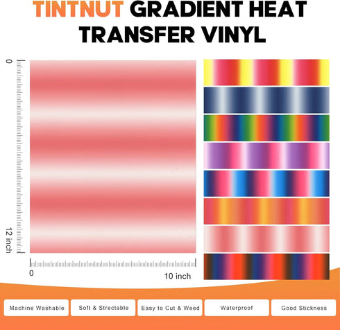Tintnut Gradient Heat Transfer Vinyl - 8 Pack 12x10 inch Rainbow Ombre HTV Iron on Vinyl Sunset Color Dyeing for T-Shirts...