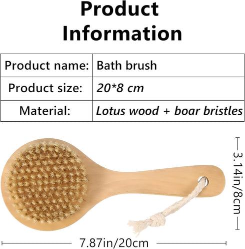 Dry Bath Body Brush with Short Handle, Natural Bristles Back Scrubber, Anti-Slip Wooden Handle for Exfoliation, Blood Circulation, and Cellulite R...