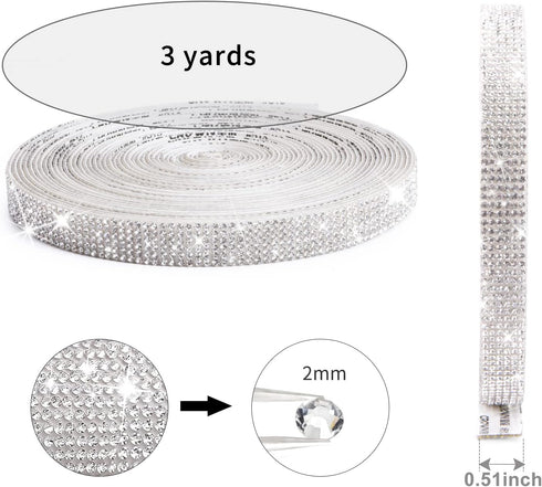 Self Adhesive Crystal Rhinestone Ribbon Rhinestone Strips, 3 Yards DIY Diamond Bling Ribbon Stickers Rhinestone Tape Roll with 2 mm Rhinestones fo...