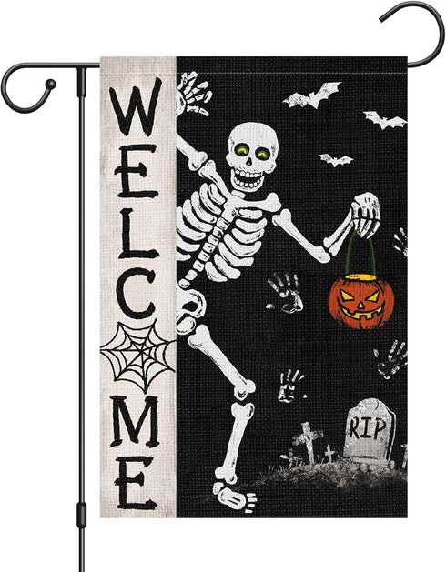 Louise Maelys Halloween Skull Garden Flag 12x18 Double Sided, Burlap Small Spooky Welcome Halloween Pumpkin Bat Yard House Flags Seasonal Holiday ...
