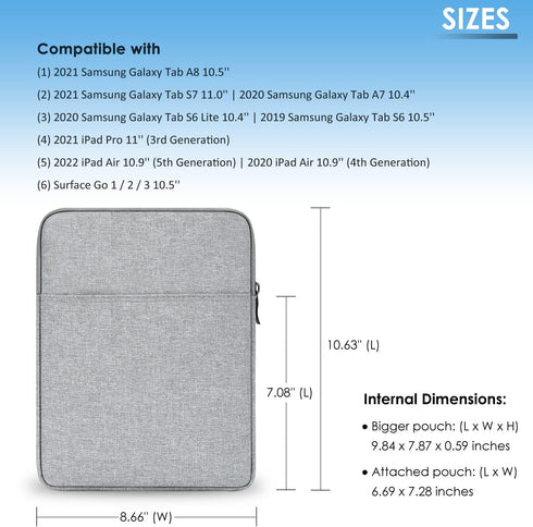 ProElife 10-11 Inches Water-Resistant Tablet Sleeve Case for Samsung Galaxy Tab A8/S7/ A7/S6 Lite/S6 |10.9'' iPad Air 4/5|Surface Go 1/2/3 10.5'' ...