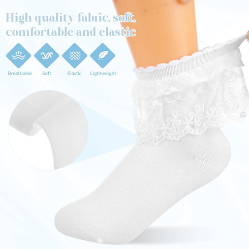 2 Pair Frilly Ankle Socks Women Lace Ruffle Frilly Socks for Women Pearls Ankle Ruffled Socks Pearl Lace Ankle Socks Cute Cotton Socks Communion S...