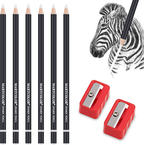 Professional Eraser Pencil Set, 6pc Eraser Pencils and 2pc Sharpener, Erasing Small Details or add Highlights for Sketching, Charcoal Drawings. Fi...