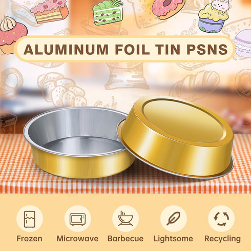 50 Pcs Muffin Pans With Lids, 4 Inch Disposable Cupcake Pans, 8oz Golden Aluminum Pie Pans, Round Oven Mini Cake Pan with Spoons Suit for Tart Pie...