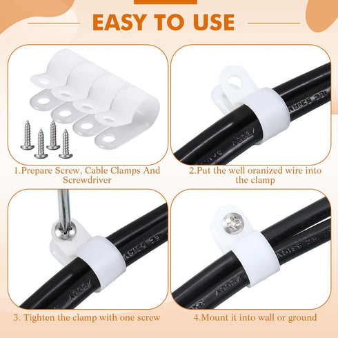 Hicarer 100 Pack R-type Clip Cable Fastener Wire Clamp Nylon Screw Mounting Electrical Grip Wire Clips with 100 Pack Screws for Wire Management (1...