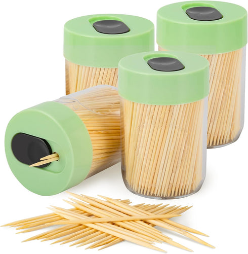 Urbanstrive Sturdy Safe Toothpick Holder with 1600 Natural Wood Toothpicks for Teeth Cleaning, Unique Home Design Decoration, 4 Pack, Green...