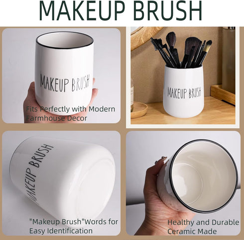 LEETOYI Ceramic Makeup Brush Holders for Bathroom Vanity and Countertop, Farmhouse Cosmetic Storage Organizer Cup, White...