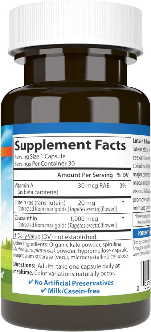Carlson - Lutein & Greens, 20 mg, Vision Support & Eye Function, Antioxidant, 30 Vegetarian Capsules...