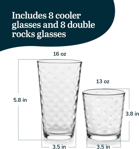 Libbey Awa Tumbler and Rock Glasses Drinking Set, Elegant Polka Dot Drinking Glasses Set of 16, All Purpose Glass Cups Set for Events and Everyday...