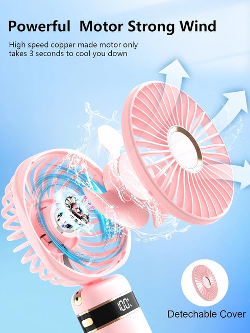 Portable Handheld Fan, Powerful Personal Fan with Base 5 Adjustable Speed USB Rechargeable Battery Operated Cooling for Women Girl Travel Office (...