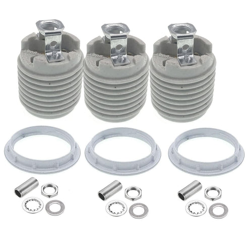 Porcelain Threaded Socket with Metal Shade Ring,JNXQWE Ceramic Medium Base Screw Socket with Hickey IPS 1/8-27,Glazed (3-Pack,Threaded)...