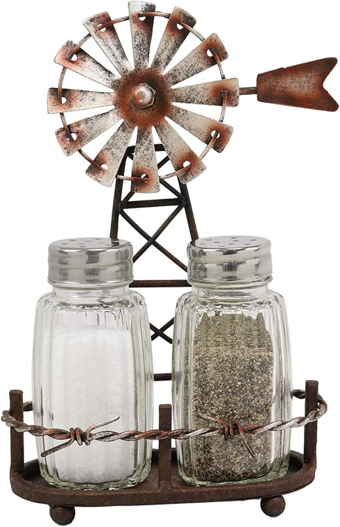 Ebros 6.5"Tall Rustic Country Farm Agricultural Windmill Outpost Salt And Pepper Shakers Holder Display Stand Set Western Kitchen Dining Home Deco...