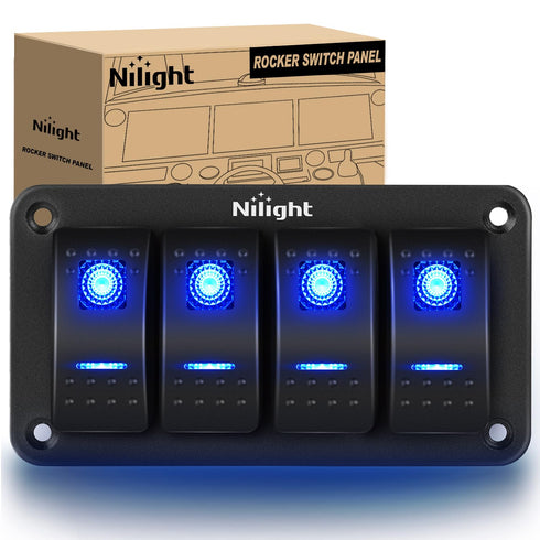 Nilight - 90109D 4 Gang Aluminum Rocker Switch Panel Toggle Dash 5 Pin ON/Off Pre-Wired Rocker Switch Blue Backlit Switch for Automotive Car Marin...