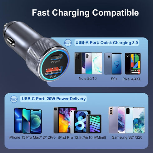USB C Car Charger, Bangfun 36W/12V USB Car Phone Charger Dual Port QC&PD 3.0 Fast Charging Cigarette Lighter Adapter Plug for iPhone 15 14 13 12 1...