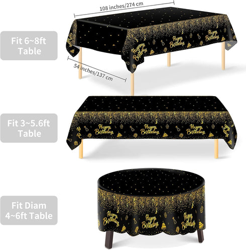Aneco 2 Pack Black Gold Happy Birthday Tablecloths Party Table Cloth Covers Table Covers for Party Decorations Wedding Supplies, 108 x 54 Inches...