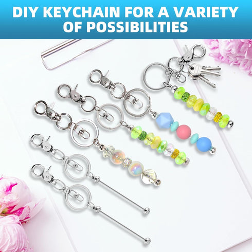 20 Pieces Beadable Keychains Bars - DIY Silver Blank Beadable Keychains Bulk - Keychain Bars for Beads Suitable for Silicone & Rubber - Beaded Key...