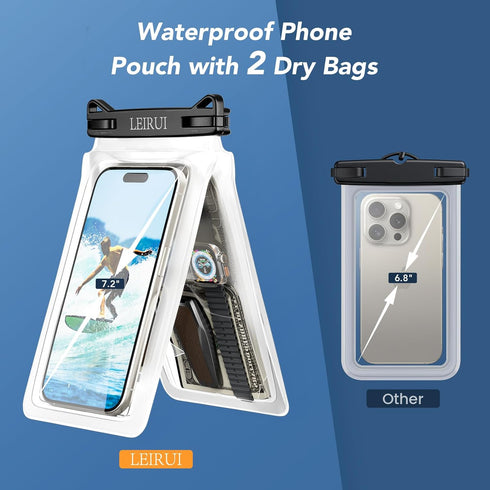 Large Waterproof Phone Pouch, Double Space Floating Water Proof Phone Case for Swimming Beach Vacation Cellphone Dry Bag with Detachable Lanyard f...